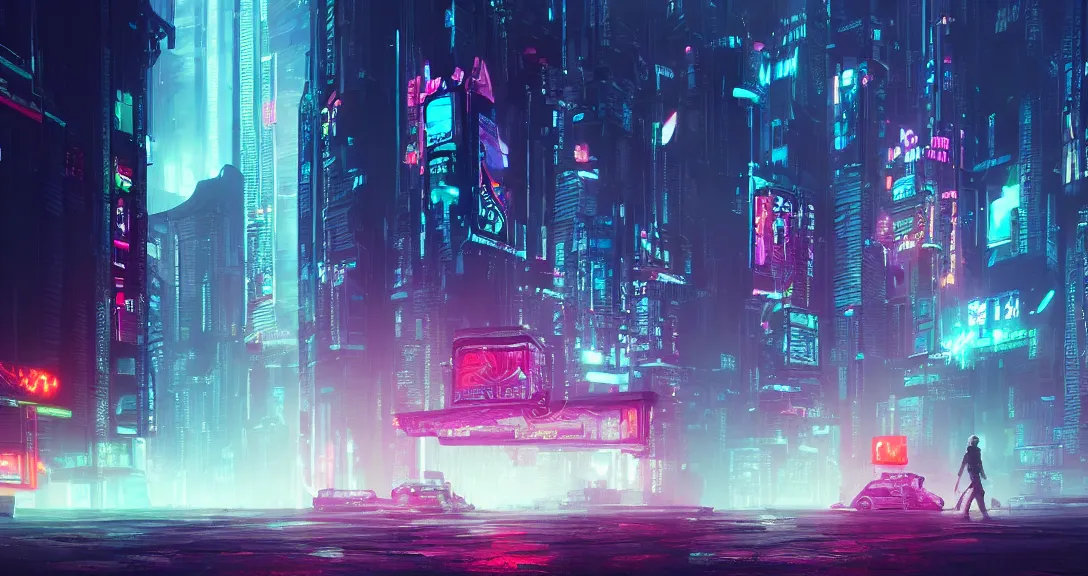 Prompt: cyberpunk cinematic scene, misty, old buildings in the background with neon lights, trending on artstation, digital art, futuristic,