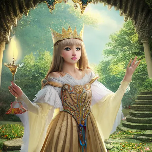 Image similar to a very detailed, ultra-realistic, pleasant, beautiful, funny, smooth 3D CG render, semirealistic anime style, close-up of a gorgeous, cute, gentle, noble priestess magician princess girl wearing dress and jewelry, in a glorious magic kingdom with castle and walls, relaxing calm vibes, fairytale, octane render