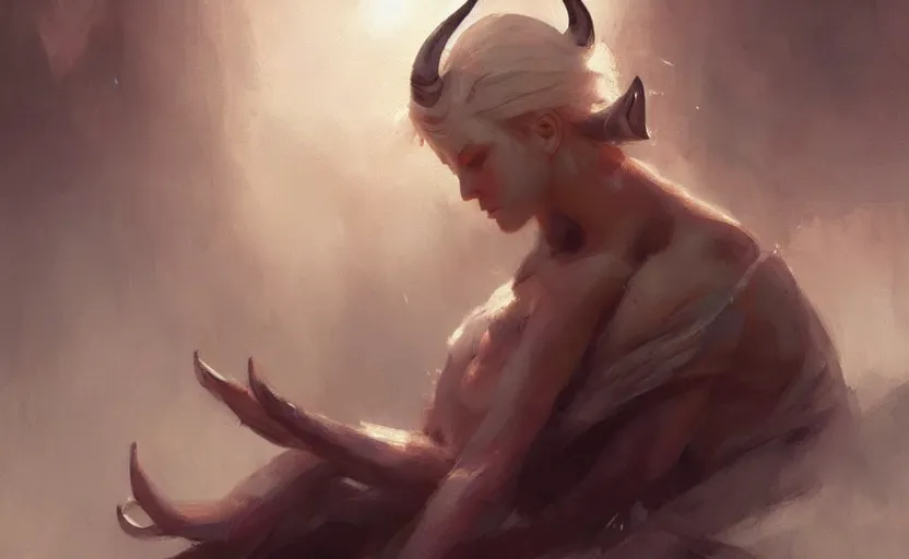 Prompt: a painting of aki trending on artstation in the style of greg rutkowski, beautiful, sensual, natural, horns