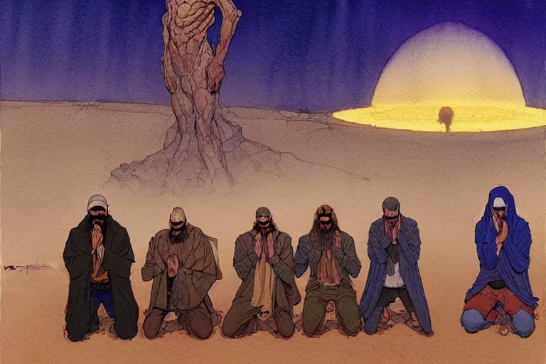 Image similar to a hyperrealist watercolour character concept art portrait of a group of middle eastern men kneeling down in prayer in front of a giant alien on a misty night in the desert. by rebecca guay, michael kaluta, charles vess and jean moebius giraud