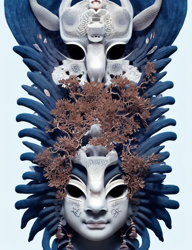 Image similar to 3 d goddess close - up frontal portrait with ram skull. beautiful intricately detailed japanese crow kitsune mask and clasical japanese kimono. betta fish, jellyfish phoenix, bio luminescent, plasma, ice, water, wind, creature, artwork by tooth wu and wlop and beeple and greg rutkowski