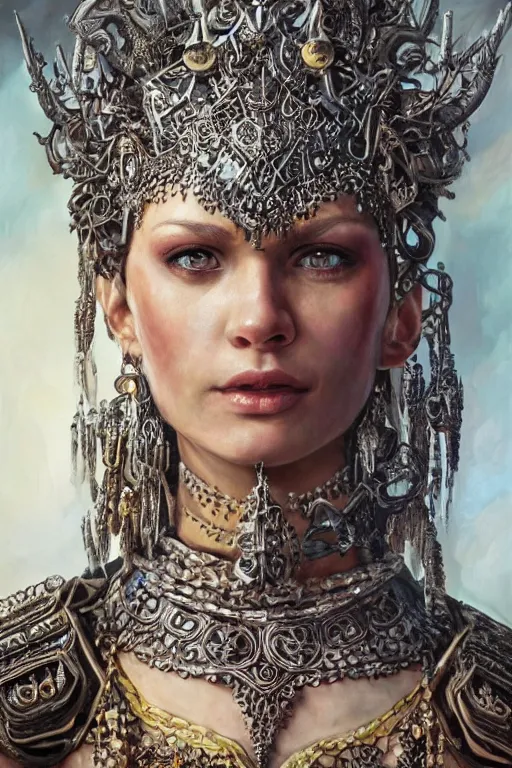 Image similar to oil painting of fantasy female warrior, symmetrical beautiful clean face, intricate jewellery, filigree armour, tribal tattoos, big earrings, shining eyes, crystals, covered in plants, standing in the mystical forest, realistic oil painting, baroque, renaissance painting, dramatic, cinematic light, trending on artstation, rule of thirds, highly detailed, 8 k