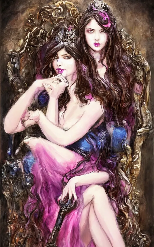 Image similar to beautiful young dark haired girl, with blue eyes, pink lips, dark eye shadow, lois royo style, dark princess of coffee, sitting on a throne drinking coffee.