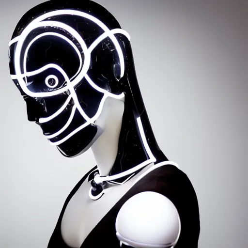 Prompt: beautiful centered fine art photo portrait of romantic beautiful girl as a solarpunk robotic humanoid, black mechanical parts with led lights, ballet style pose, photorealistic, white background, highly detailed and intricate, soft box lighting, hdr 8 k