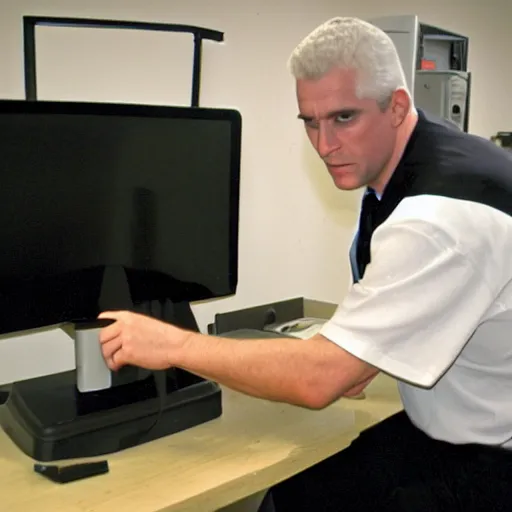 Image similar to drebin893 hitting a desktop computer with a hammer