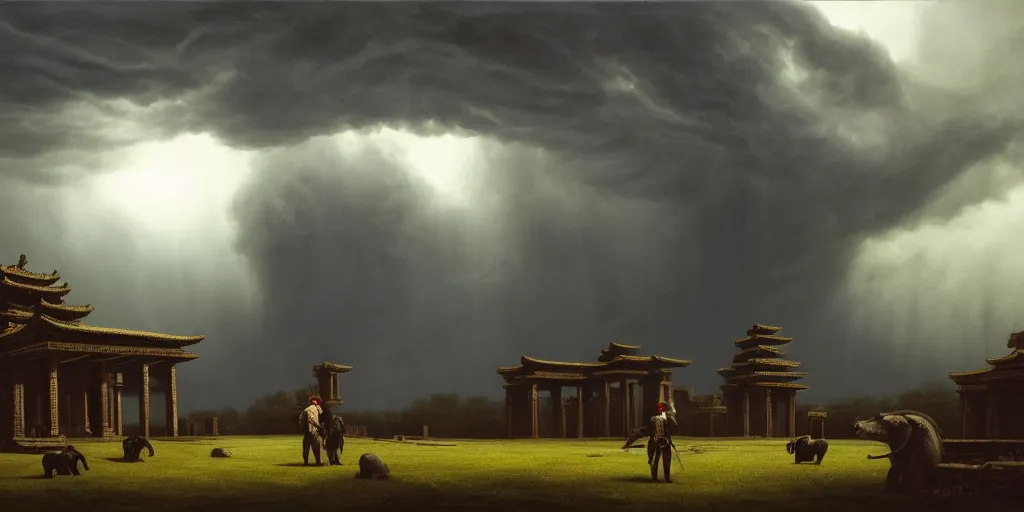 Image similar to 2 1 savage, shadow of the colossus, in front of a temple, at chicago, storm clouds, dramatic lighting, hudson river school