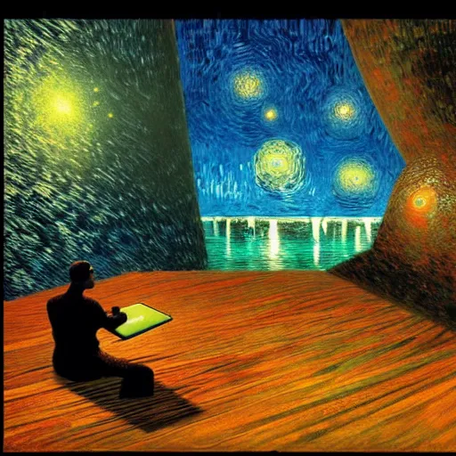 Image similar to A man programs A.I. on a laptop in a climbing gym - award-winning digital artwork by Salvador Dali, Beksiński, Van Gogh and Monet. Stunning lighting