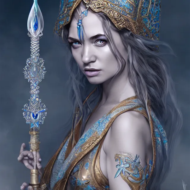 Image similar to beautiful elemental water witch with ornate robes and staff, highly detailed, 4 k, hdr, smooth, sharp focus, high resolution, award - winning photo, artgerm, photorealistic