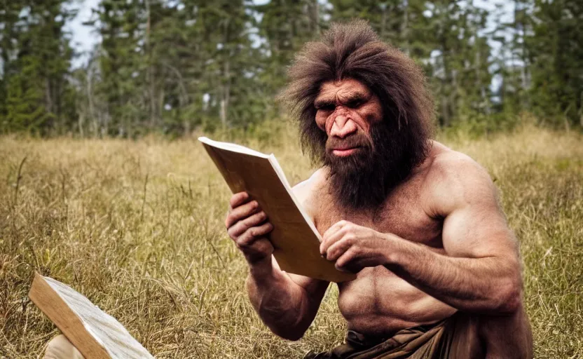 Image similar to made a portrait of neanderthal read science book about him in middle of nowhere, perfect dynamic posture, perfect dynamic pose, perfect dynamic form, pinterest, perfect dynamic position, award winning photo by national geographic, and pulittzer winner, bokeh, reduce duplication interference