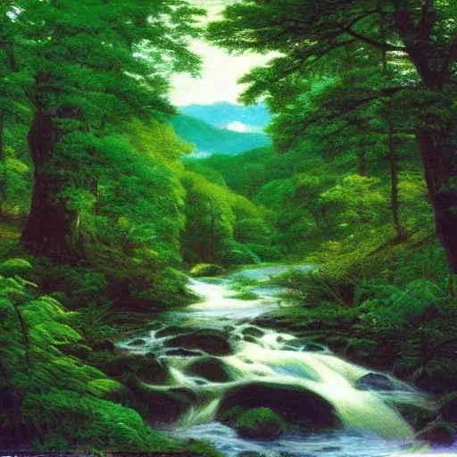 Prompt: a river running through a lush green forest, a jigsaw puzzle by shirley teed, featured on flickr, hudson river school, photo taken with ektachrome, creative commons attribution, photo taken with provia