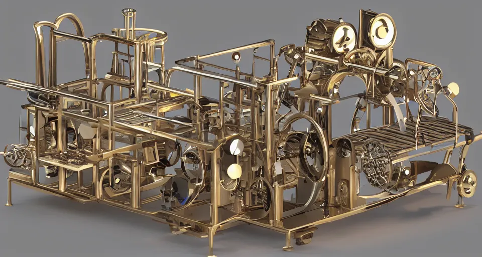 Prompt: a complex machine that makes bagels!!!! detailed 3 d render, brass and wood mechanisms, elaborate rube goldberg style