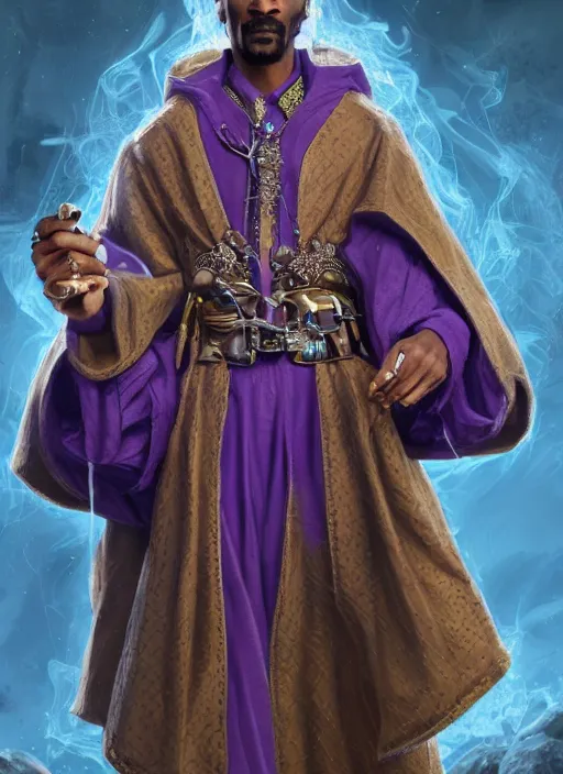 Image similar to snoop dogg as a mage, short beard, grumpy, intricate purple robes, Ivan Aivakovsky, Boris Vallejo, epic fantasy character art, D&D Concept Art, full length, ultra Realistic, Regal, Refined, Detailed Digital Art, Exquisite detail, post-processing, masterpiece, Cinematic Lighting, Unreal Engine, 8k, HD