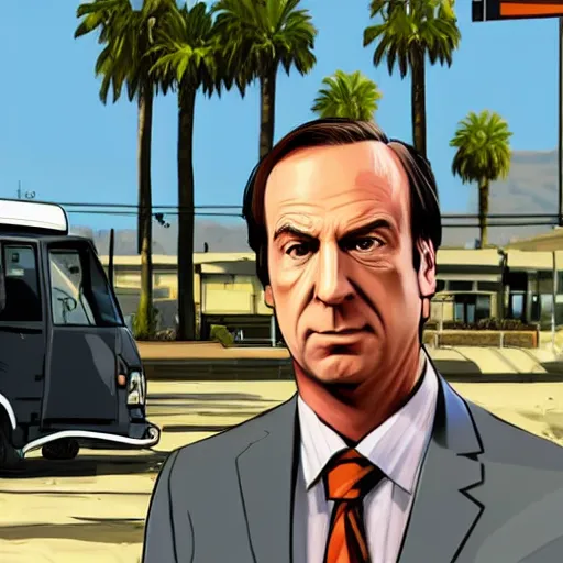 Image similar to Saul Goodman in GTA V . Los Santos in the background, palm trees. In the art style of Stephen Bliss.