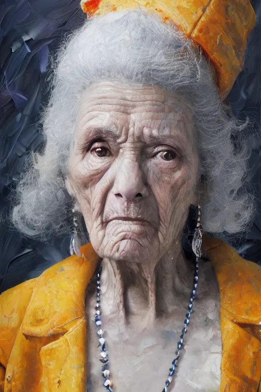 Image similar to palette knife oil painting portrait of ariadne, a mysterious spiritual guide who is a chain smoking old lady in an ashen trench coat. extreme detail, any racial background, artstation trending, artgerm, deviant art, octane, substance, art history 8 k