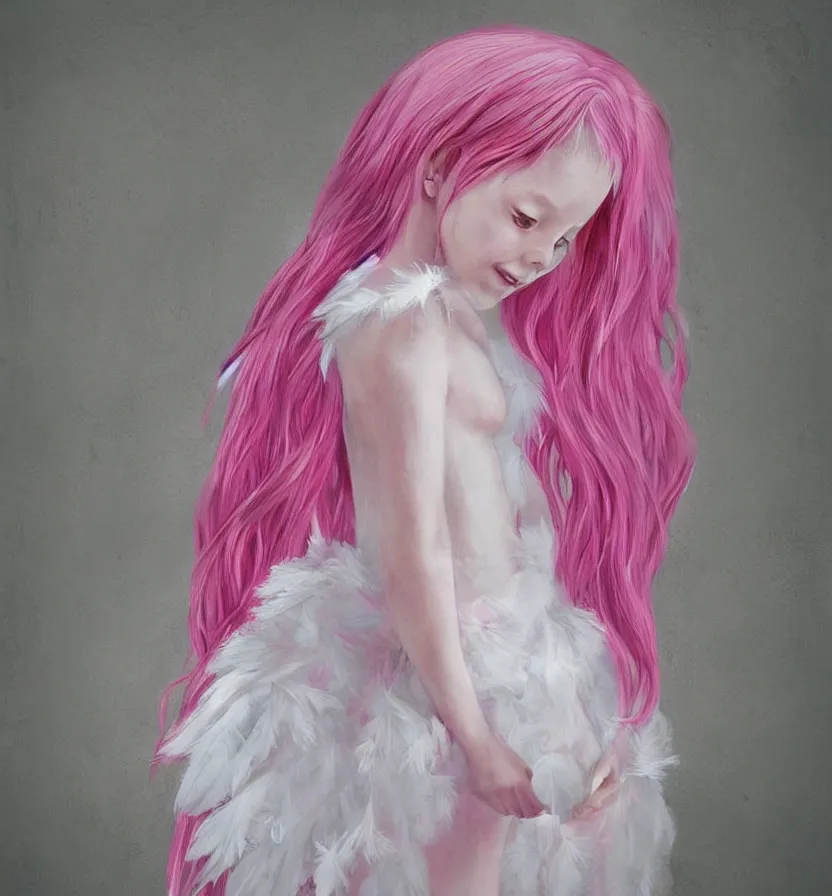 Image similar to little girl with eccentric pink hair wearing a dress made of white feather, anatomically perfect, art by dcwj,