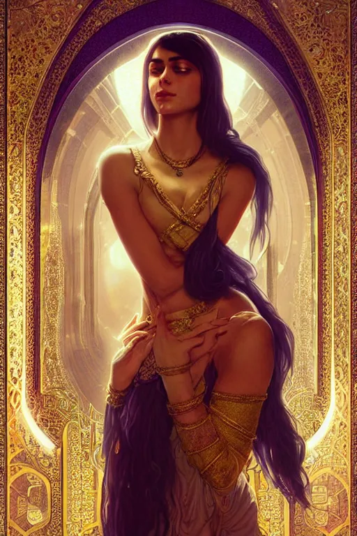 Prompt: beautiful and enigmatic persian princess held captive in a remote research facility. vulnerability and innocence, ultra realistic, sharp details, subsurface scattering, intricate details, warm lighting, beautiful features, highly detailed, photorealistic, octane render, 8 k, unreal engine, art by artgerm and greg rutkowski and alphonse mucha