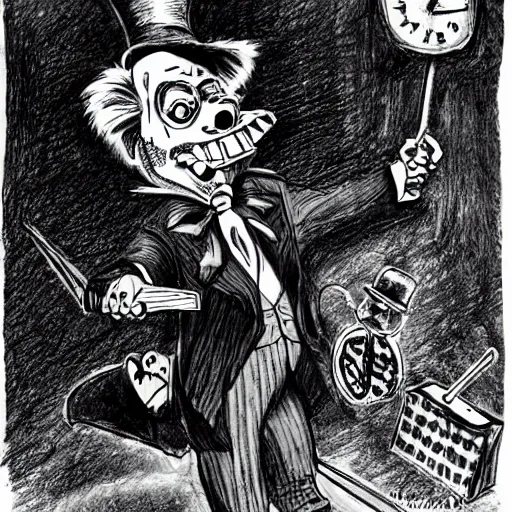 Image similar to a Pop Wonder scary horror themed goofy-hilarious-character Mad-Hatter-wearing a scarf, 3-piece-suit, dime-store-comic drawn with charcoal and pen and ink, half-tone-line-stacking