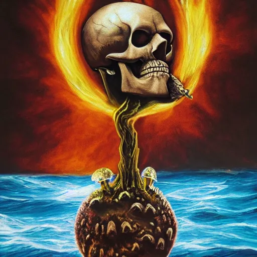 Image similar to ultrarealistic mixed art painting of a skull face Jesus Christ standing tall with the earth sphere in background, drowning into thermonuclear blast mushroom, praying for peace