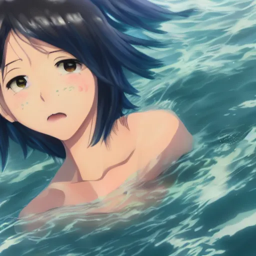 Image similar to High quality art of a girl with short blue hair drowned in the sea, anime style. Art by Makoto Shinkai, Crunchyroll, pixiv, danbooru, HD