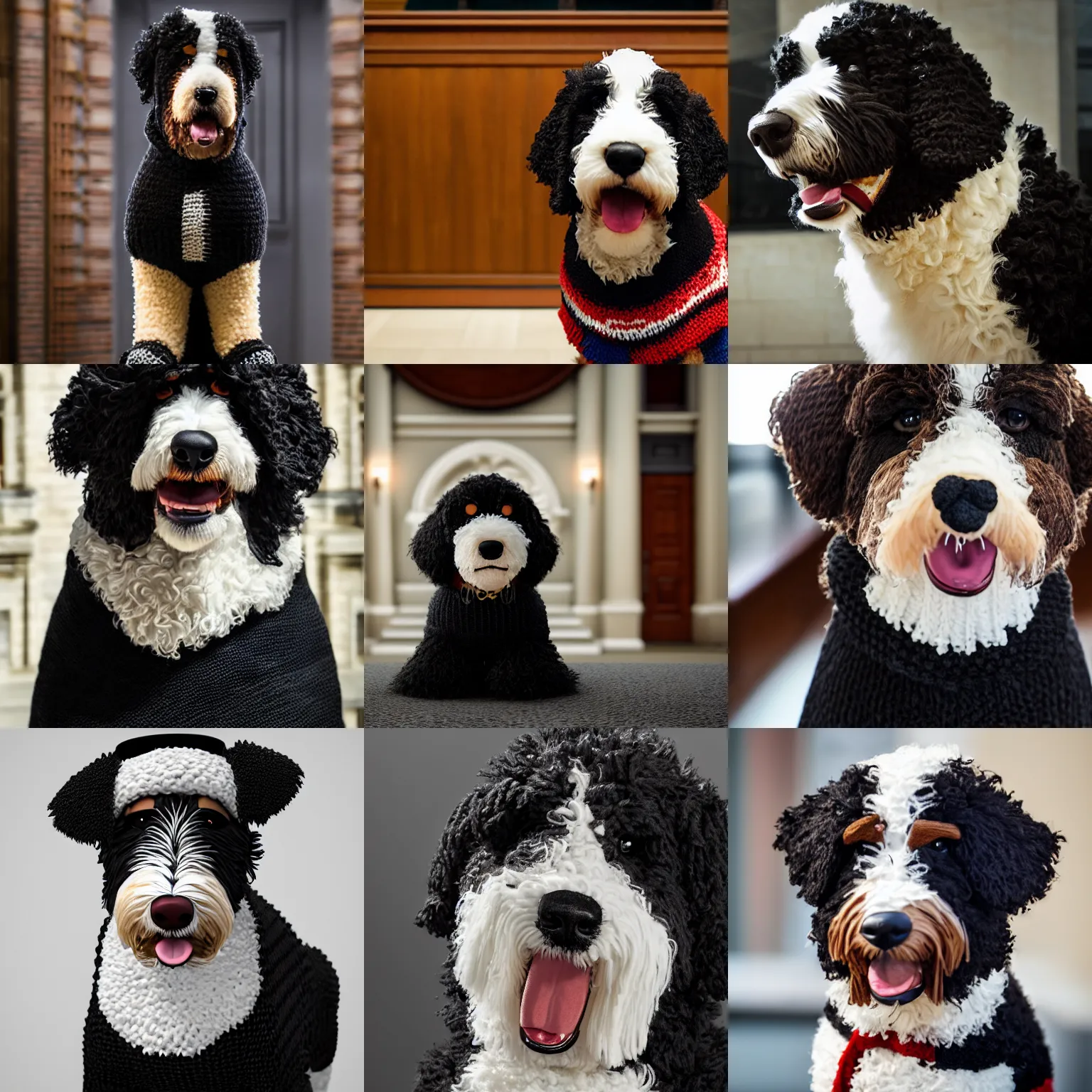 Prompt: a closeup photorealistic photograph of a smiling knitted bernedoodle judge dog dressed in a black gown, presiding over the courthouse. well lit shot. this 4 k hd image is trending on artstation, featured on behance, well - rendered, extra crisp, features intricate detail, epic composition and the style of unreal engine.