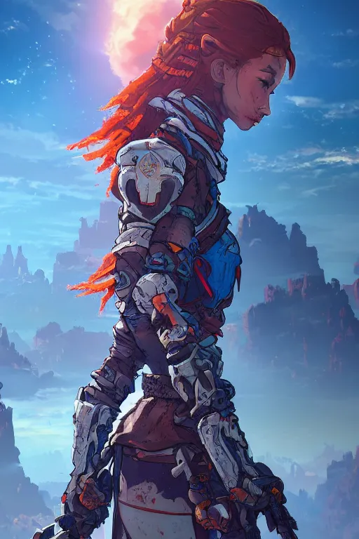 Image similar to combination suit armor aloy horizon forbidden west horizon zero dawn radiating a glowing aura global illumination ray tracing hdr fanart arstation by ian pesty and alena aenami artworks in 4 k tribal robot ninja mask helmet backpack