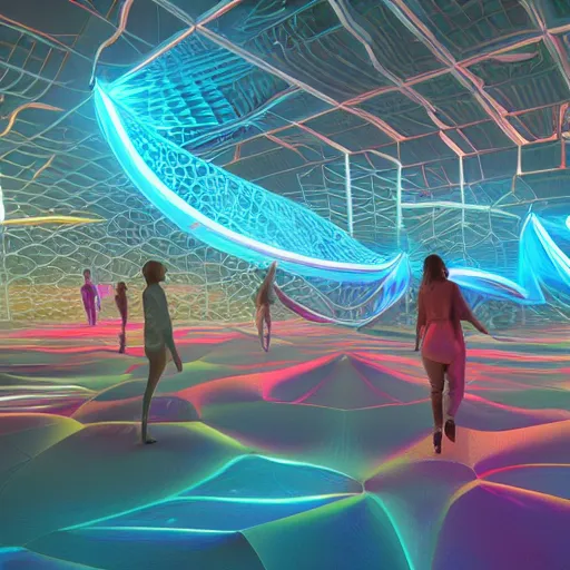 Image similar to ethereal realm, parametric flow, fractals, central shot, geometrical explosion, parametric architecture, artistic, models walking, people, crowd, red, blue, light neon, vray, octane render.