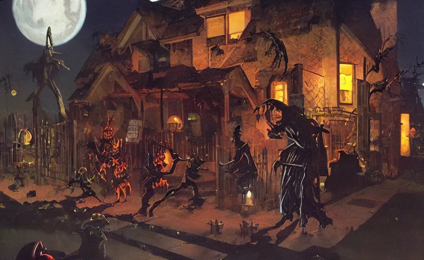 Prompt: halloween scene in a suburban neighborhood, surrounded by ancient monoliths with glowing runes. highly detailed science fiction painting by norman rockwell, frank frazetta, and syd mead. rich colors, high contrast, gloomy atmosphere, dark background. trending on artstation