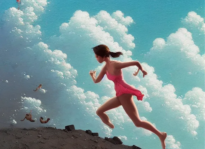 Image similar to aerial shot of a gorgeous inspiring girl jogging by the sea made of fluffy kittens in Mandelbrot fractal by Craig Mullins, ilya kuvshinov, krenz cushart, artgerm trending on artstation by Edward Hopper and Dan Mumford and WLOP and Rutkovsky, beksinski carl spitzweg moebius and tuomas kocar, intricate artwork by caravaggio, Unreal Engine 5, Lumen, Nanite