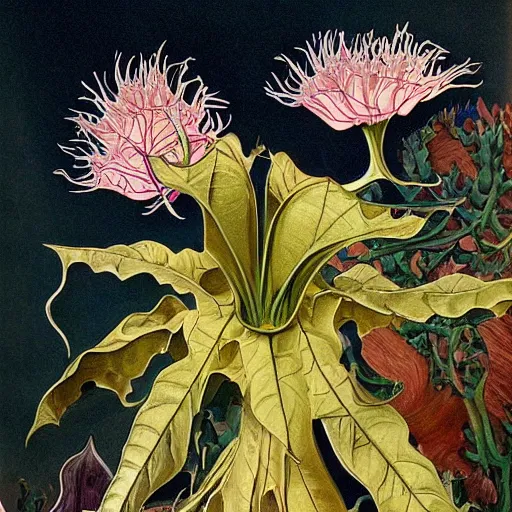 Image similar to close relationship between datura stramonium and men, mythical full of symbolism picture, hyper detailed, hyper realistic, warm colours, symbiosis