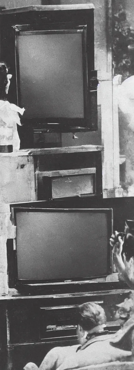 Image similar to 1 9 0 0 s photo of a person watching a flat screen hd tv