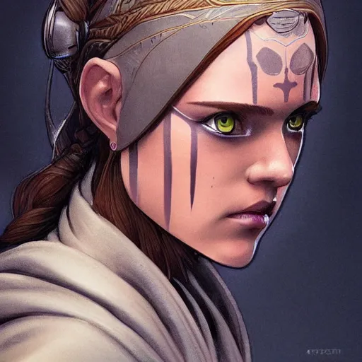 Image similar to female jedi master, wearing the traditional jedi robe, beautiful and uniquely odd looking, detailed symmetrical close up portrait, intricate complexity, in the style of artgerm and ilya kuvshinov, magic the gathering, star wars art