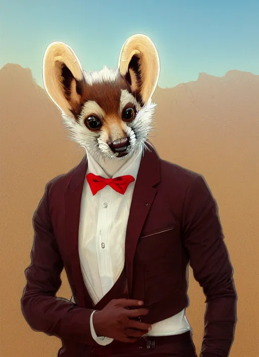 Prompt: Character portrait of a happy furry anthro stoat wearing a white dress shirt, tan vest, red bowtie, and black slacks in the desert wilderness, intricate, elegant, highly detailed, digital painting, artstation, concept art, smooth, sharp focus, illustration, art by Krenz Cushart and Artem Demura and alphonse mucha