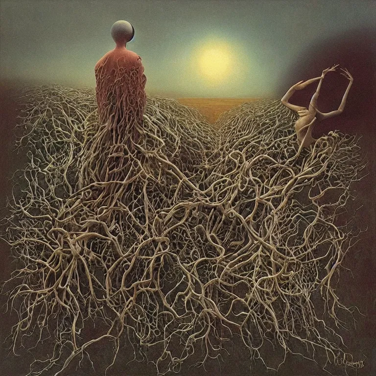 Image similar to Painting, Creative Design, album cover art, Biopunk, human mind, surrealist, by Zdzisław Beksiński and storm thorgerson