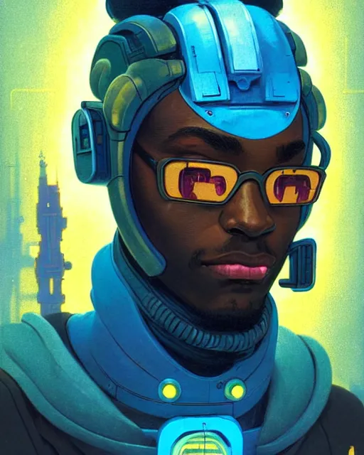 Image similar to baptiste from overwatch, character portrait, portrait, close up, concept art, intricate details, highly detailed, vintage sci - fi poster, retro future, in the style of chris foss, rodger dean, moebius, michael whelan, and gustave dore