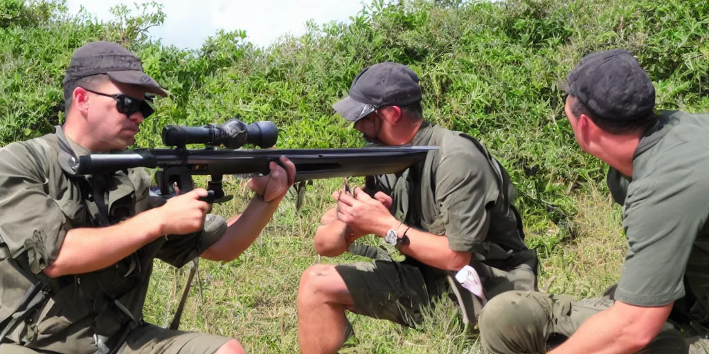 Image similar to nigel and lino practicing sniper marksmanship sniper rifle aruba