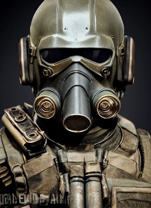 Image similar to spec - ops head with mask, fallout design, special forces, dark design, professional photo, intricate details