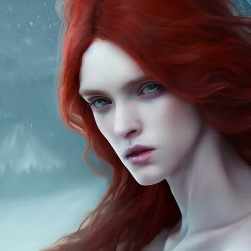 Image similar to a portrait of a ice queen with long dark curly red hair, stoic, pale skin, alone, white eyes, dramatic, epic painting, painting by wlop, nixeu and sakimichan, semirealism, artstation, octane render, sharpness, 8 k, golden ratio