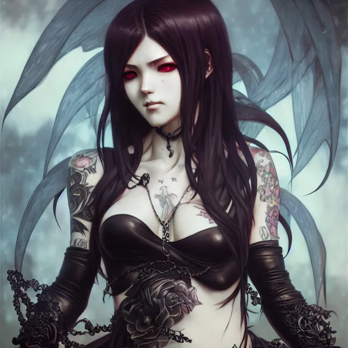 Image similar to anime female, fangs, goth, tattoos, leather, fantasy, intricate details, eerie, highly detailed, octane render, 8 k, art by artgerm and alphonse mucha and greg rutkowski