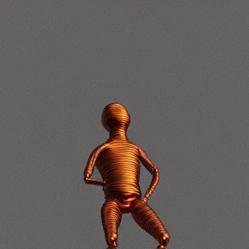 Prompt: human figure made out of wrapped copper wire, 3 d render by pixar and disney,