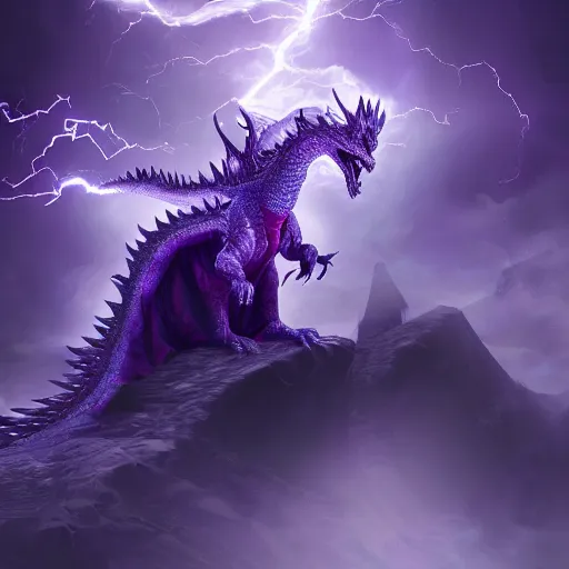 Image similar to mysterious figure with a purple coat and blue crown riding a dragon made of lightning, digital art, 4 k ultra hd, hyper realistic