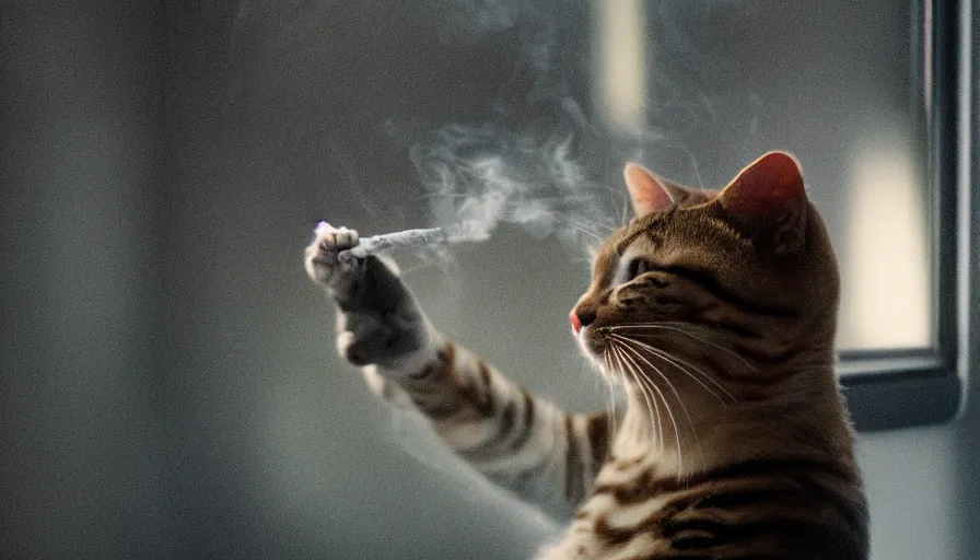 Prompt: anthropomorphic cat smoking cigarette and leaning out a window, cinematic lighting, close-up, IMAX cinematography