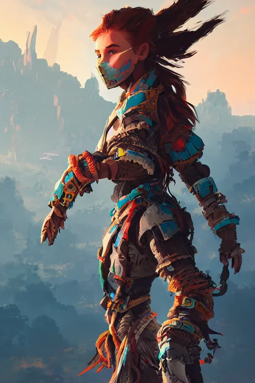 Image similar to combination suit armor aloy horizon forbidden west horizon zero dawn radiating a glowing aura global illumination ray tracing hdr fanart arstation by ian pesty and alena aenami artworks in 4 k tribal robot ninja mask helmet backpack