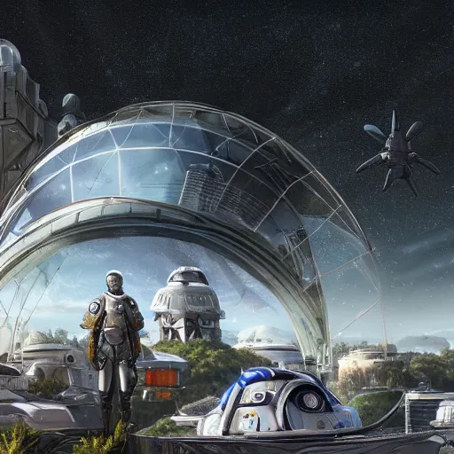 Image similar to clean white sci-fi dome in a pleasant urban setting surrounded by families, peaceful, majestic, in style of apex legends, art station, ultra hd, soft light, overhead sun, ultra hd, art station