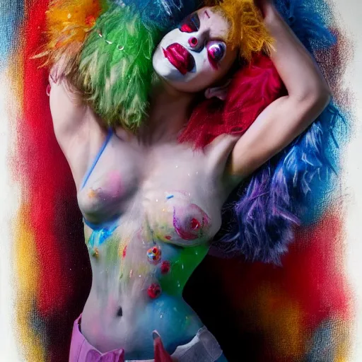 Image similar to full body pose, hyperrealistic mixed media painting of a flirty clown, dim volumetric lighting, 8 k, octane beautifully detailed render, extremely hyper detailed, intricate, epic composition, cinematic lighting, masterpiece, trending on artstation, very very detailed, masterpiece, stunning, hdr, smooth, sharp focus, high resolution, award, winning photo, dslr, 5 0 mm