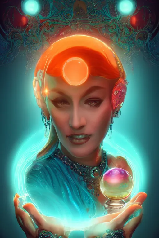 Image similar to fortune teller from a magical realm looks into a magical crystal ball, highly detailed digital painting, artstation, smooth, 8 k, 4 k, teal and orange cyberpunk colors, magical, art therapy