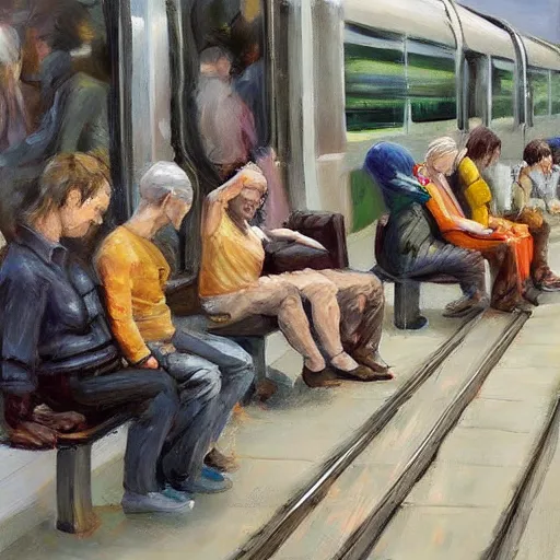 Prompt: A beautiful sculpture of a group of people waiting at a railway station. The people in the artwork are all waiting for a train that is about to arrive. Dexter's Lab by Alyssa Monks fine, calm