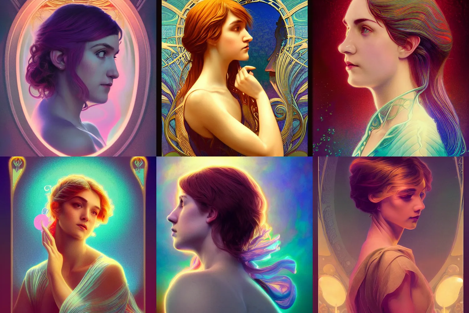 Prompt: side portrait bo burnham, soft, smooth, luminescent, art nouveau tarot, backlit glow, colorful swirly ripples, gaudy colors, aesthetic octane render, unreal engine, 8 k, by artgerm, greg rutkowski, alphonse mucha