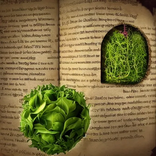 Prompt: sprouts in the shape of text'imagen'coming out of a fairytale book.