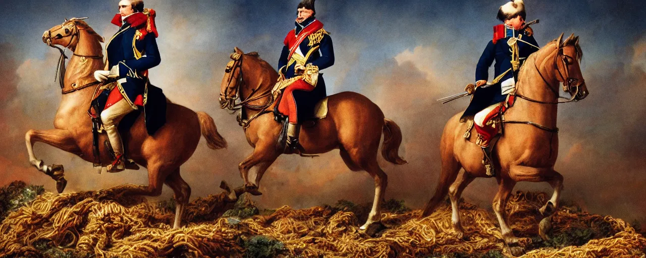 Image similar to napoleon bonaparte on a horse, in front of a mound of spaghetti, on the battle field, high detail, canon 5 0 mm, cinematic lighting, photography, retro, film, kodachrome