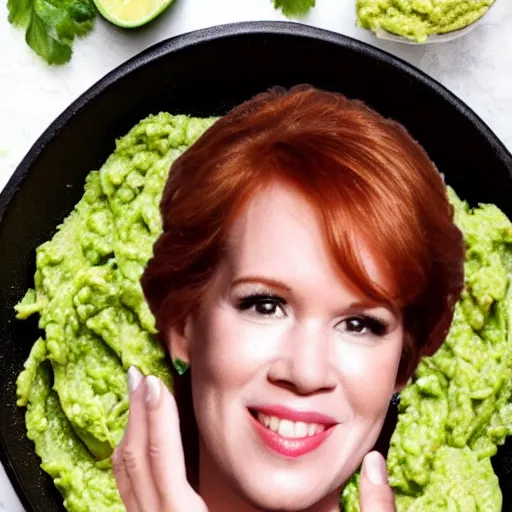 Image similar to molly ringwald face on a pile of guacamole